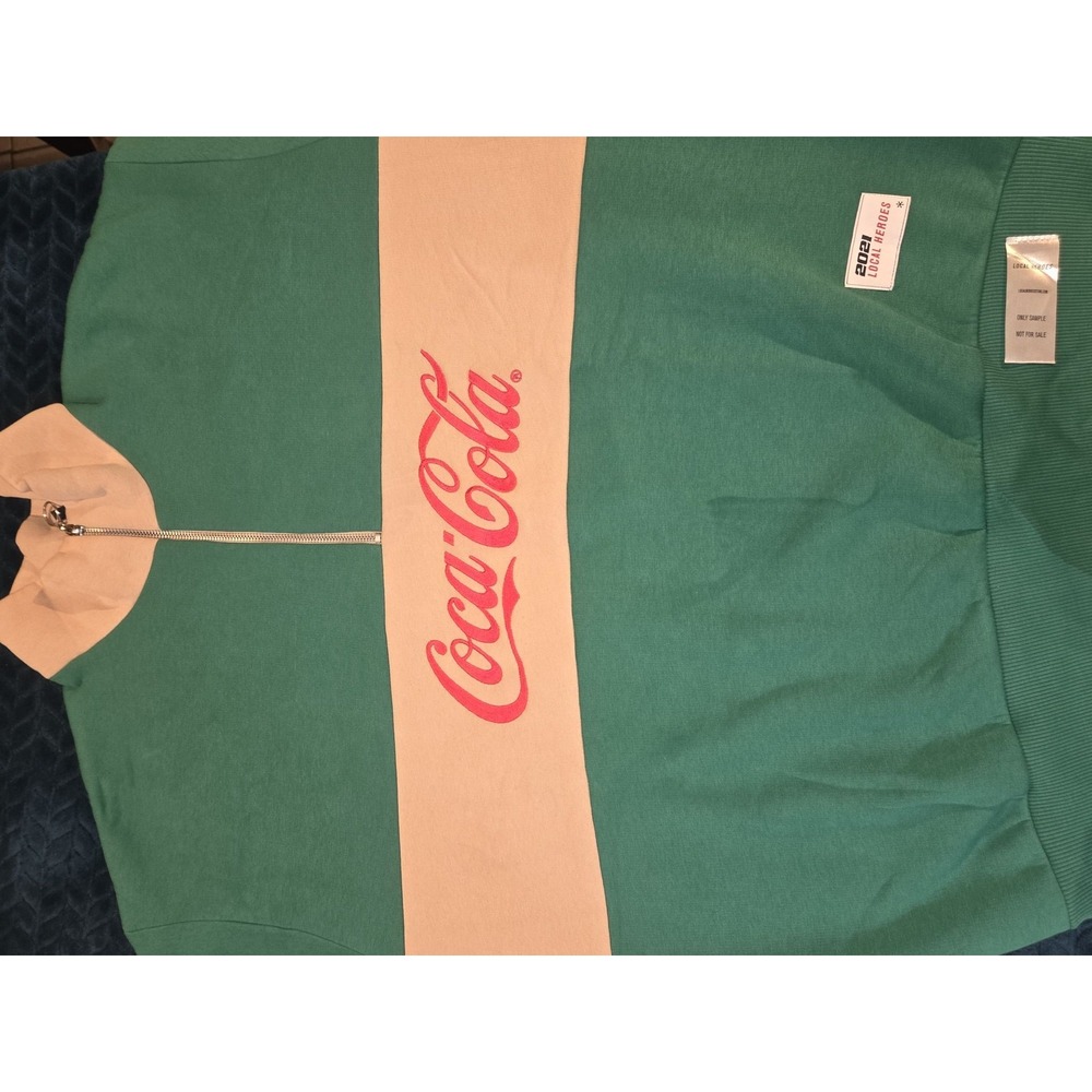 Coca-Cola Embroidered 1/4 Zip Sweatshirt Green Cream Sample Pullover Size L - Picture 6 of 7